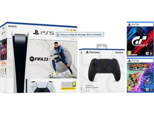 Consola Sony PS5 Stand C 825 GB (2 Mandos DualSense™ incluidos Negro y Blanco) + FIFA 23 (código de descarga) + Gran Turismo 7 + Ratchet & Clank