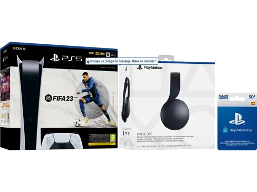 Consola Sony PS5 Digital Edition C 825 GB + Auriculares Pulse 3D + FIFA 23 (código de descarga) + Tarjeta 50€ PS Store