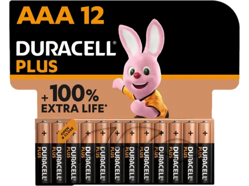 Pilas AAA Duracell PLUS AAA LR03 / LR3 Pilas alcalinas Pack 12 Uds 1.5 V MN2400 Universal Negro