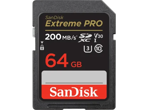Tarjeta SDXC SanDisk Extreme PRO 64 GB Hasta 200 MB/s lectura U3 V30 Clase 10 Vídeo 4K UHD Negro