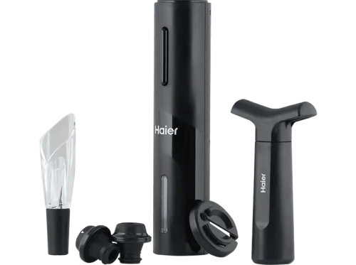 Set accesorios de vino Haier HAWUKIT06 Abridor eléctrico Aireador y vertedor Tapón de vacío Cortador de láminas Negro