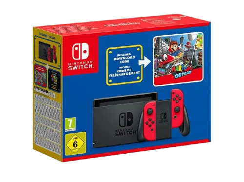 Consola Nintendo Switch con mandos Joy-Con Rojos Super Mario Odyssey en código descargable y hoja de pegatinas Ed. Limitada 32 GB Negro