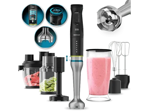 Batidora de mano Cecotec Katana 15 TotalDestroy Full B Screen 1500 W 8 cuchillas 21 velocidades Turbo Set completo Brazo XL Pantalla Black