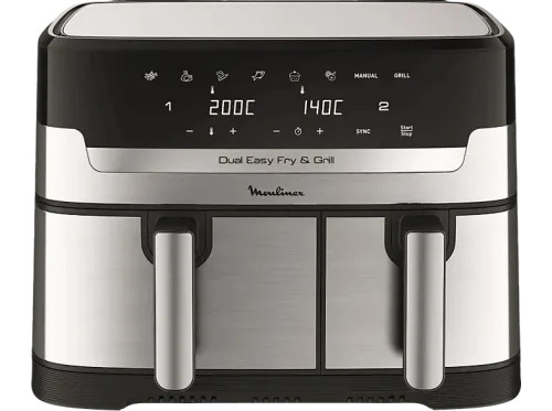 Freidora de aire Moulinex Dual Fry & Grill EZ905D Cocinado Dual 2 Cubetas 2700W 8.3 L 200 °C Tecnol. Extra-Crisp Grill 8 Modos Táctil Inox
