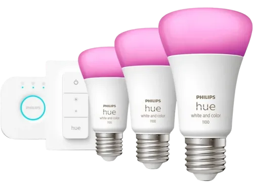 Kit de iluminación Philips Hue Bridge + 3 Bombillas inteligentes E27 9.5W 1100 lm Luz Blanca y Colores + Regulador