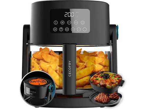 Freidora de aire Cecotec Cecofry Flip&Grill 4500 3 en 1 1500 W 4.5 L Reversible Cubeta de cristal Pack de accesorios Temporizador Black