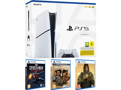Consola Sony PlayStation 5 Slim Standard 1 TB SSD 1 mando + 3 Juegos (Spider-Man: Miles Morales + Uncharted: Legado ladrones + Death Stranding)