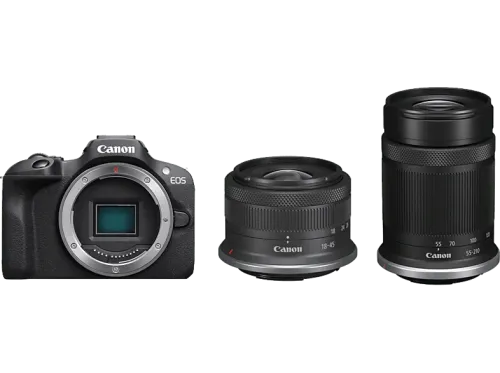 Cámara EVIL Canon EOS R100/RF-S 18-45MMIS STM + RF-S 55-210MMF5-7.1 CMOS AF de Doble píxel 24.1 megapixel Video 4K Wi-Fi Negro