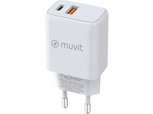 Cargador Muvit MCACC0037 1 USB QC 3.0 18W + 1 Tipo C PD 25W Universal  Blanco