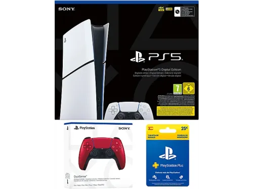 Consola Sony PlayStation 5 Slim Digital Edition 1 TB SSD 4K 2 mandos (Blanco + Volcanic Red) Chasis D Blanco + Tarjeta PS Plus 25€
