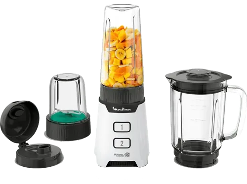 Batidora de vaso Moulinex LM16L1 400 W 1 l 2 Velocidades 4 Cuchillas Powelix Incluye Picadora y Botella de 0.6l Blanco