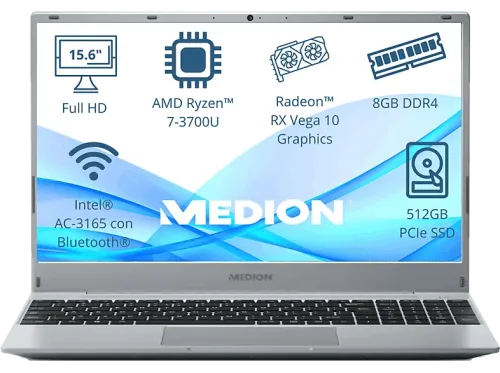 Portátil Medion Akoya MD62430 15.6" Full-HD AMD Ryzen™ 7 3700U 8GB RAM 512 GB SSD Radeon™ RX Vega 10 Sin sistema operativo