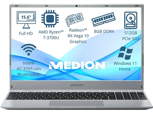 Portátil Medion Akoya MD62429 15.6" Full-HD AMD Ryzen™ 7 3700U 8GB RAM 512 GB SSD Radeon™ RX Vega 10 Windows 11 Home