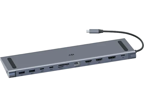 Docking station Isy IDO-1100 Entradas USB A USB C HDMI Audio 3.5mm SD y microSD Carga hasta 100W Gris