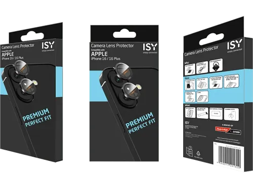 Protector cámara móvil Isy ICP 1006 Compatible con iPhone 16 y iPhone 16 Plus Cristal templado Transparente