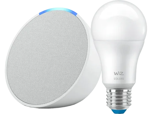 Altavoz inteligente Amazon Echo Pop + Bombilla Wiz Bluetooth con Alexa de Sonido Potente y Compacto Blanco