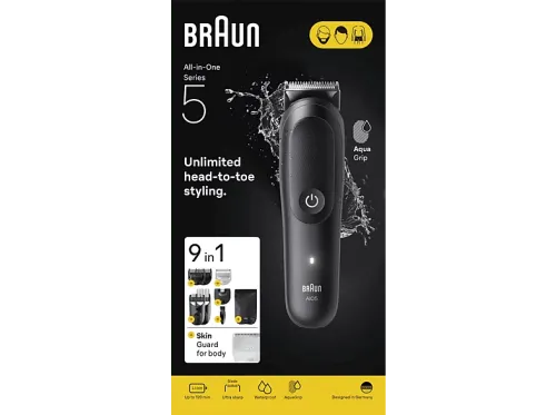 Afeitadora multifunción Braun Todo En Uno Series 5 AIO5540 Kit De Styling 9 en 1 Lámina Afilada 14 Longitudes Barba Pelo y Cuerpo Negro