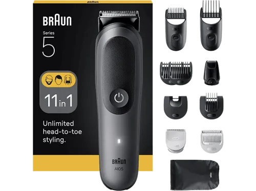Afeitadora multifunción Braun Todo En Uno Series 5 AIO5560 Kit De Styling 11 en 1 Lámina Afilada 14 Longitudes Barba Pelo y Cuerpo Gris