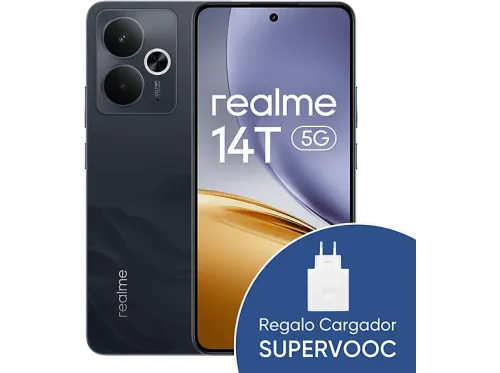 Móvil realme 14T Obsidian Black 256 GB 8 GB RAM 6.67" AMOLED Dimensity 6300 5G Chipset 6000 mAh Incluye Cargador