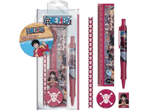 Pack papelería One Piece: bolígrafo lápiz sacapuntas borrador y regla de 15 cm