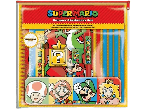 Pack papelería Super Mario: estuche cuaderno A5 4 lápices de colores bolígrafo lápiz regla y sacapuntas
