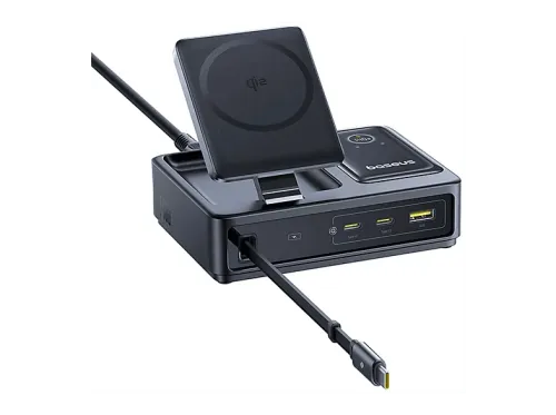 Docking station Baseus NOMOS 5 en 1 Con carga inalámbrica Qi2 140W Cable retráctil y pantalla digital 5 dispositivos a la vez Universal Black