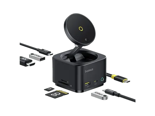 Docking Station Baseus Serie MagPro II HUB 7 en 1 Con Carga Inalámbrica Magnética de 15W Qi2 Pantalla dual 4k Ultrarrápido 100W Negro