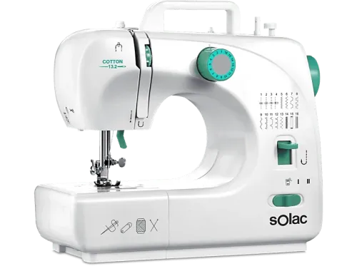 Máquina de coser  Solac SW8231 16 puntadas. ojal brazo libre carga vertical con y sin pedal asa de transporte. 2 bobinas agujas blanco