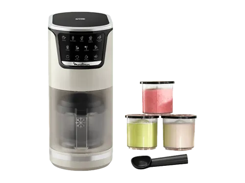Heladera Moulinex Dolci 9 Programas de postres helados 3 tarrinas de tritán 1,4 L 600W Resultados cremosos Autolimpieza Blanco