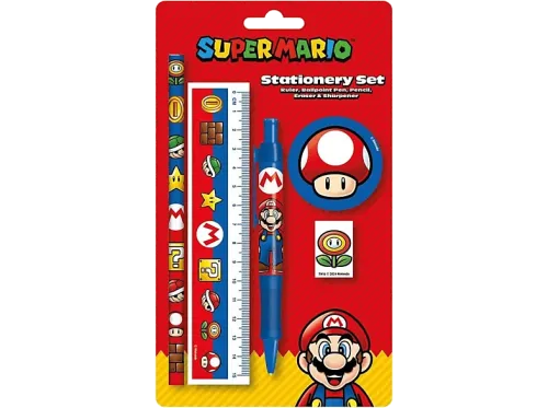 Pack papelería Sherwood Super Mario: Regla bolígrafo lápiz goma de borrar y sacapuntas