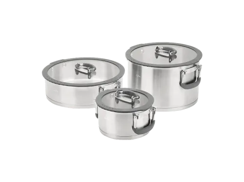 Batería de cocina Jata Hogar HBAT2552 6.8L Acero inoxidable Apilables Tapas Vidrio Templado 3 Ollas Compatibles con todas las cocinas Plata