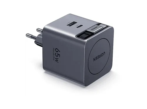 Cargador de pared Ugreen GaN Carga Rápida con cable USB-C Retráctil Universal 65W 1x USB-C 1x USB-A Plata