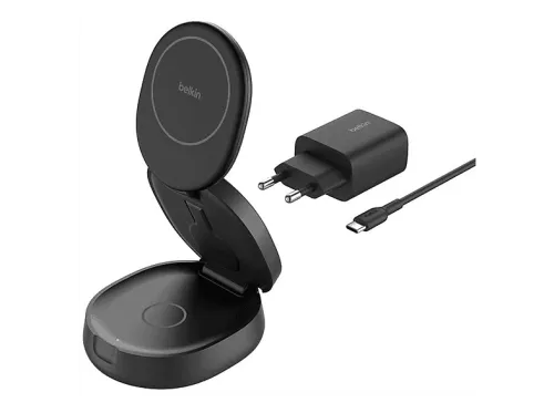 Cargador móvil inalámbrico Belkin WIZ034KQBK Compatible con Qi2 o MagSafe Convertible 3 en 1 Plegable Negro