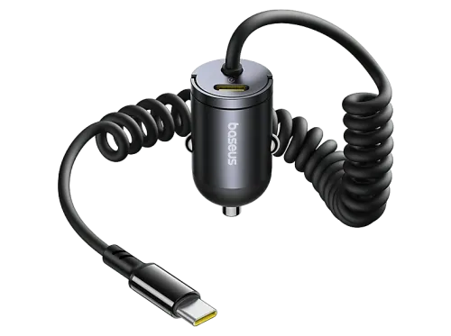 Cargador coche Baseus Tiny Star Mini 30W Tipo-C Carga rápida Con cable rizado incorporado Multidispositivo Universal Negro Cosmic