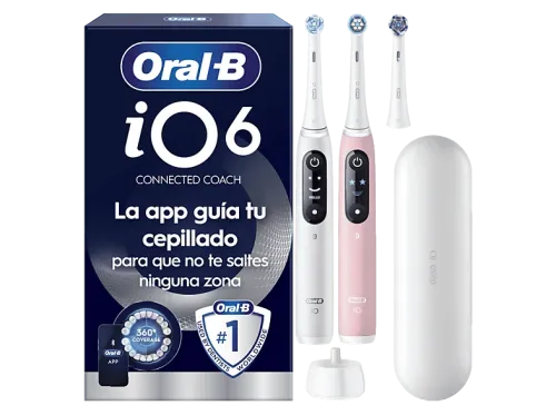 Cepillo eléctrico Oral-B iO 6s Pack doble 5 modos Seguimiento con app Pantalla interactiva Sensor de presión Estuche de viaje Blanco y rosa