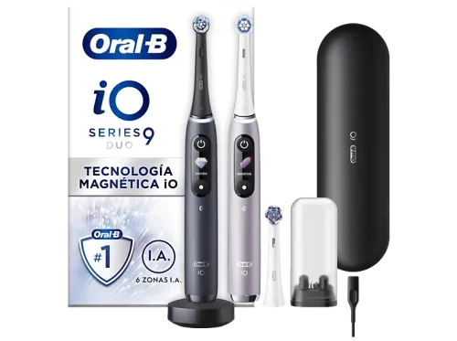 Cepillo eléctrico Oral-B iO 9 Pack doble 3 cabezales Seguimiento 3D con app Con estuche de viaje Negro y Rosa