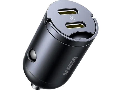 Cargador coche Baseus Tiny Star Mini 30W 2x Tipo-C Carga rápida Multidispositivo Con pestaña de extracción Universal Negro Cosmic