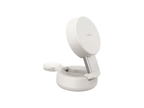 Cargador móvil inalámbrico Belkin WIZ043 Compatible con Qi2 o MagSafe 25W En vertical o apaisado 2 en 1 Blanco