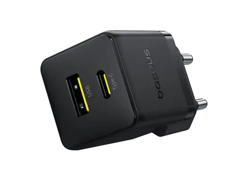 Cargador de pared Baseus PALM 30W USB y Tipo C Carga rápida Tamaño extrapequeño Carga simultánea Control inteligente de temperatura Negro