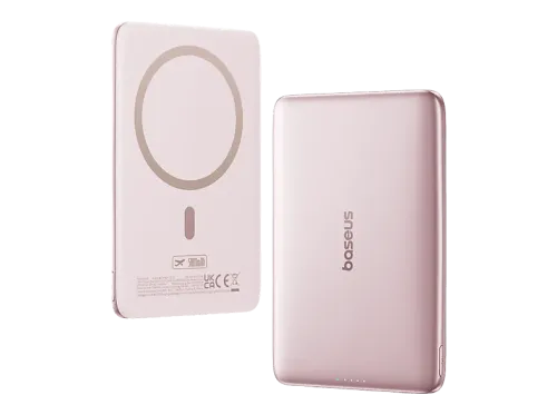 Powerbank Baseus PicoGo AM41 Ultra-fina 5000 mAh 20W Carga magnética Con cable Tipo C 60W Carga Pass-Through Carga rápida Rosa Nebula