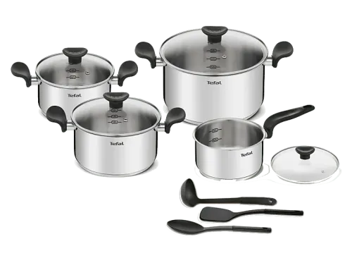 Olla Tefal Primary set E308S 11 piezas Cazo 16 cm Cacerolas 18/20/24 Tapas de cristal Espátula Cuchara Cucharon Acero inoxidable Inducción