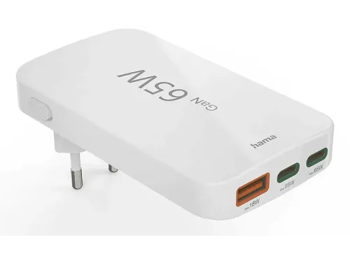 Cargador de pared Hama 00201976 Universal 2x USB-C 1x USB-A 65W Mini Cargador Plano PD Blanco