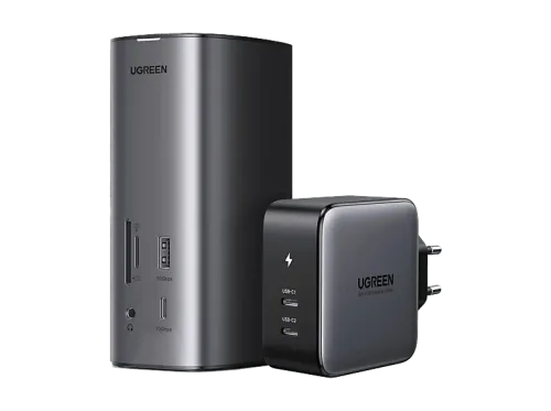 Docking station Ugreen 90325 4x USB-A 3x USB-C ,LAN RJ45 Salida de audio Lector de tarjetas 1x HDMI 1x DisplayPort Gris