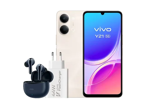 Móvil vivo Y21 5G Champagne Gold 256GB 4GB RAM 6.74" 1200 nit MediaTek Dimensity 6300 6500mAh + Auriculares TWS 3e + Cargador FlashCharger 44W