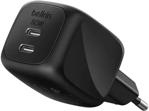 Cargador de pared Belkin WCH019dqWH 50W Compatibles dispositivos con carga USB-C 2 puertos tipo USB-C Negro