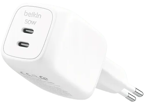 Cargador de pared Belkin WCH019dqWH 50W Compatibles dispositivos con carga USB-C 2 puertos tipo USB-C Blanco