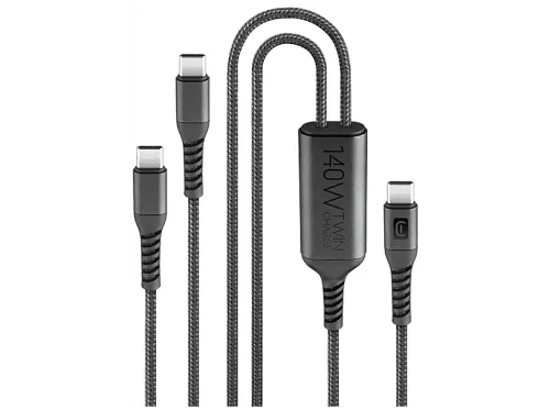 Cable USB CellularLine Twin Charge Cable USB C Carga simultánea 140 W Universal Negro