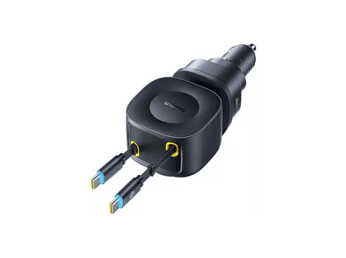 Cargador coche Baseus PrimeTrip VR2 Max Universal Tipo C y USB Sistema retráctil magnético Carga rápida multidispositivo Giro 450º 100W Negro