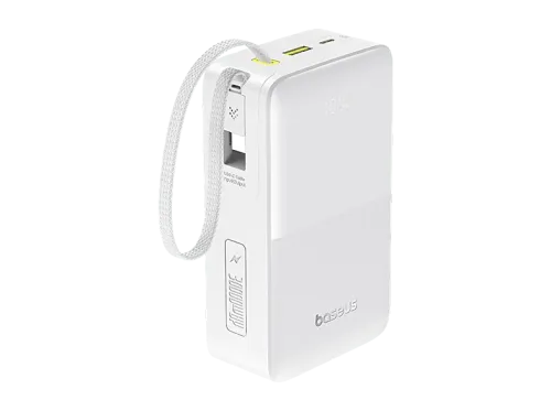 Powerbank Baseus EnerFill Bipow 2 Pro 30000mAh 22.5W Con cable retráctil Tipo-C Carga bidireccional y simultánea Pantalla inteligente Blanco