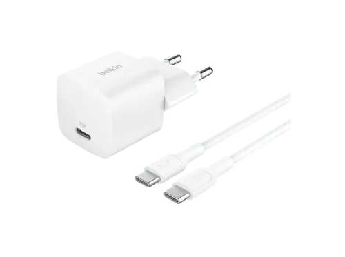 Cargador de pared Belkin BoostCharge Cargador de pared USB-C de 25 W + cable USB-C a USB-C Universal Blanco